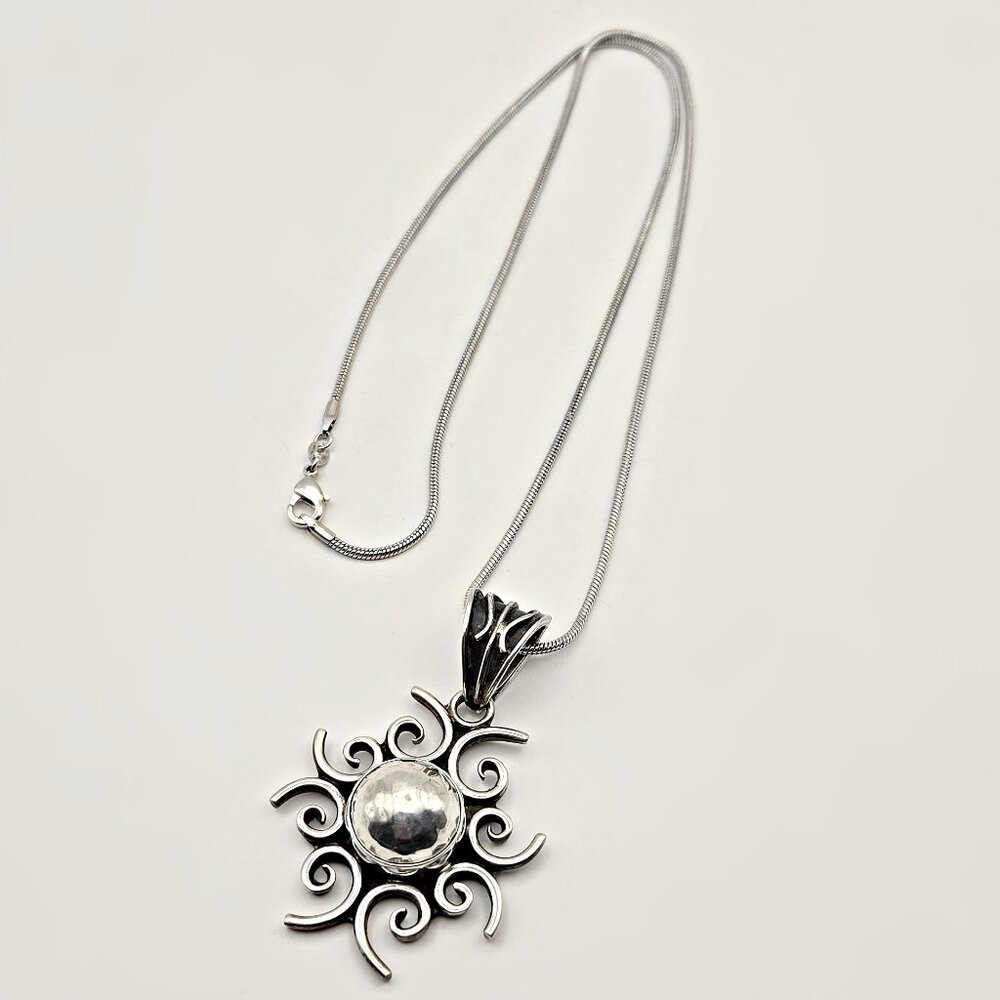 925 Sterling Sun Swirl Pendant Necklace – Hammered Center, 24" Chain